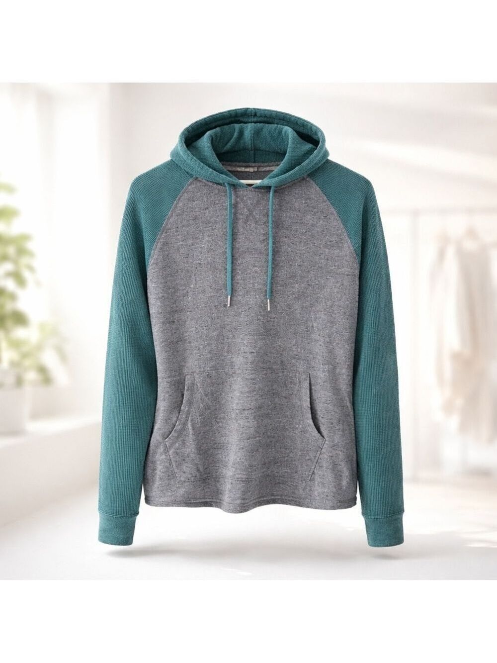 George Men’s Hooded Pullover Hoodie Size Large Grey & Teal Colorblock